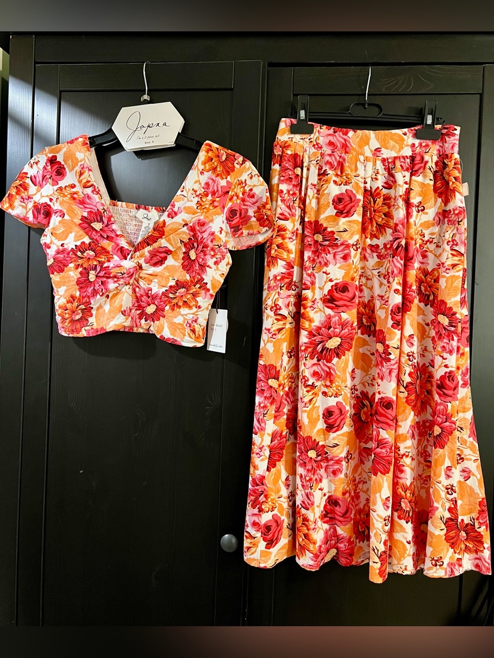 Japna Pink & Orange Floral Smocked Skirt Set